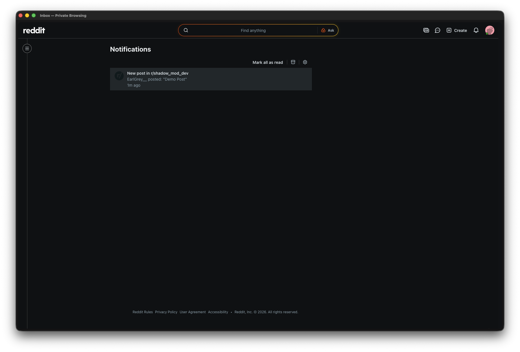 Reddit notifications showing new post in r/shadow_mod_dev