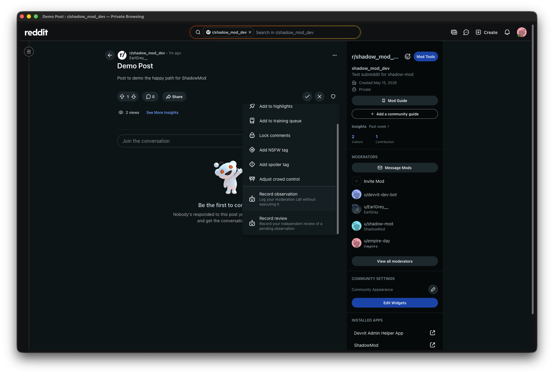 Mod tools context menu showing Record observation and Record review options