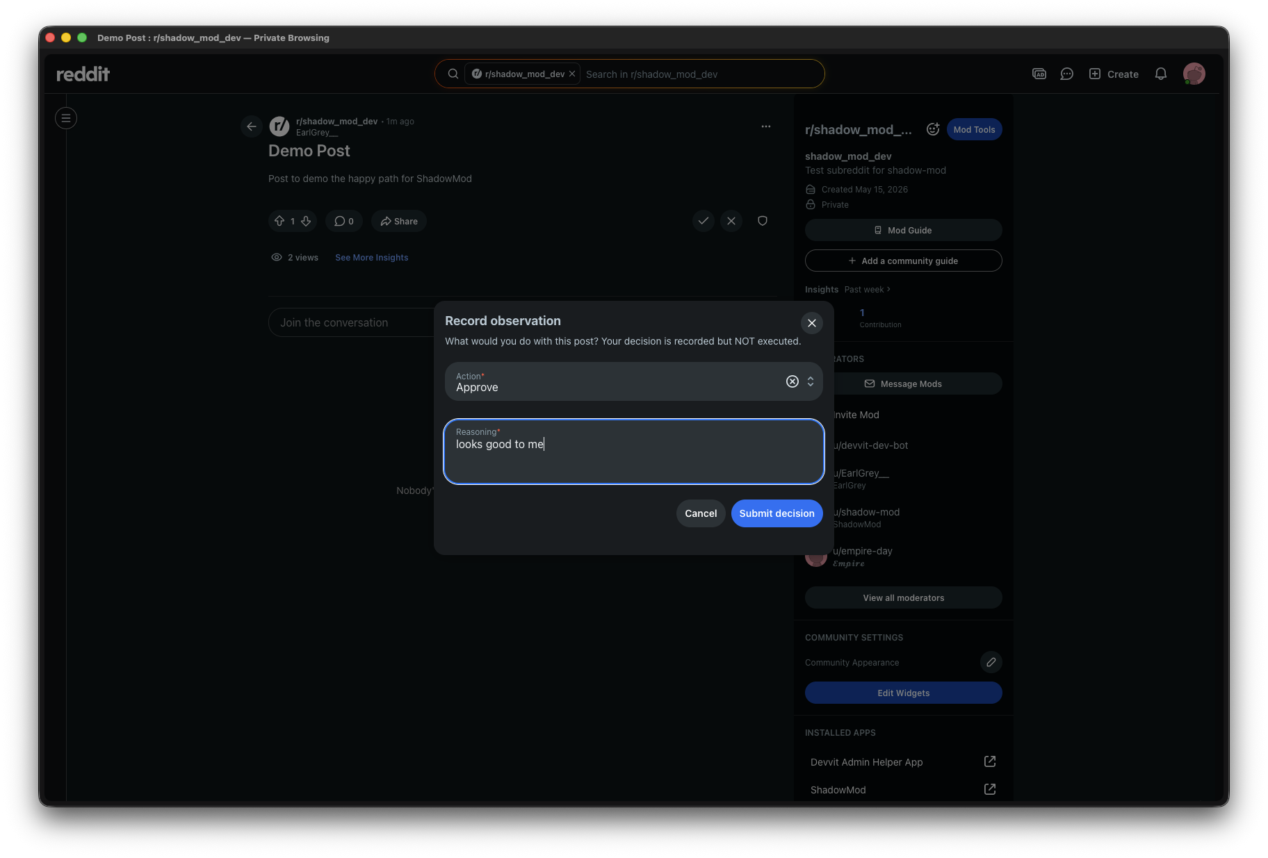 Record observation modal with action and reasoning fields