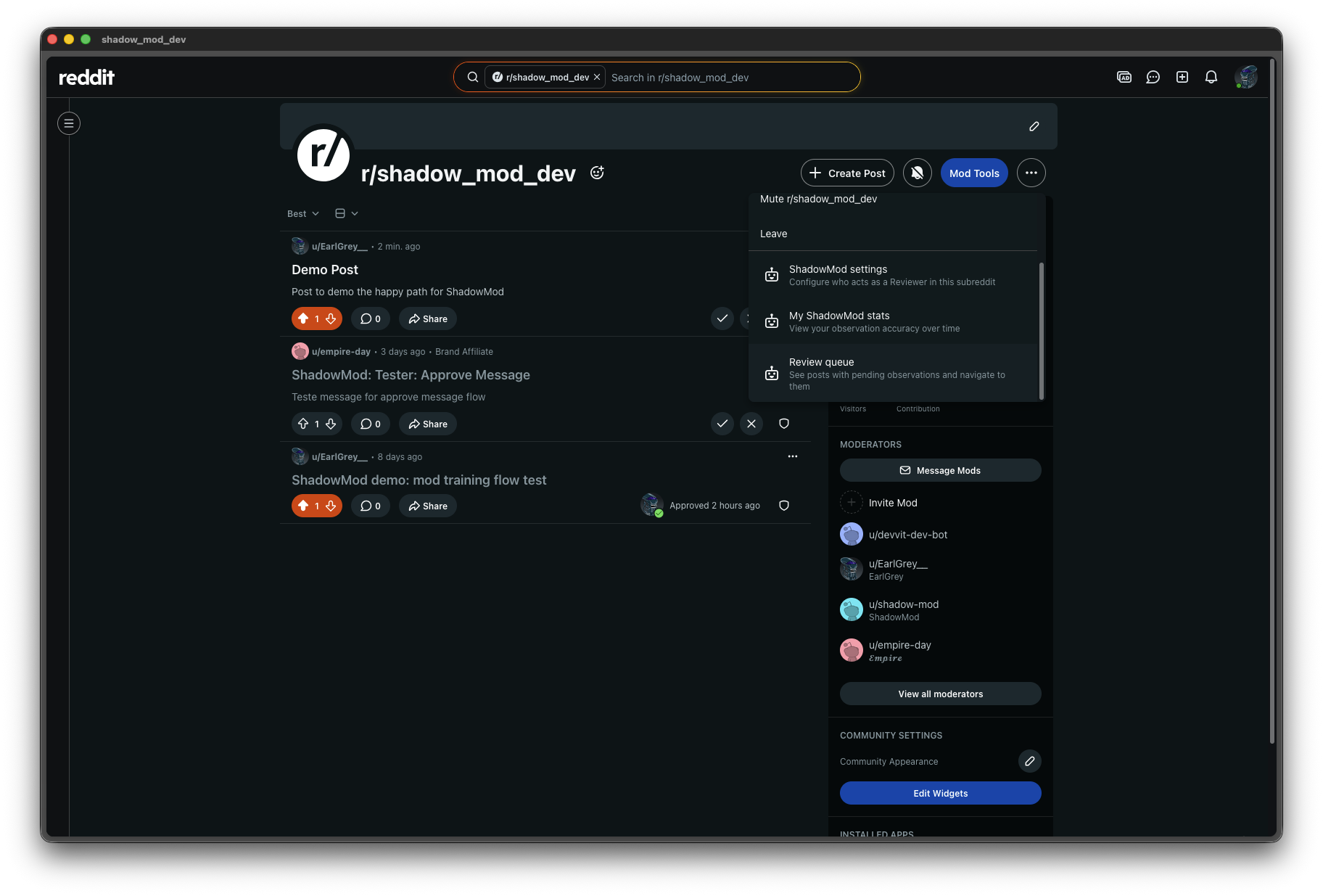 Subreddit feed with Mod Tools dropdown showing Review queue