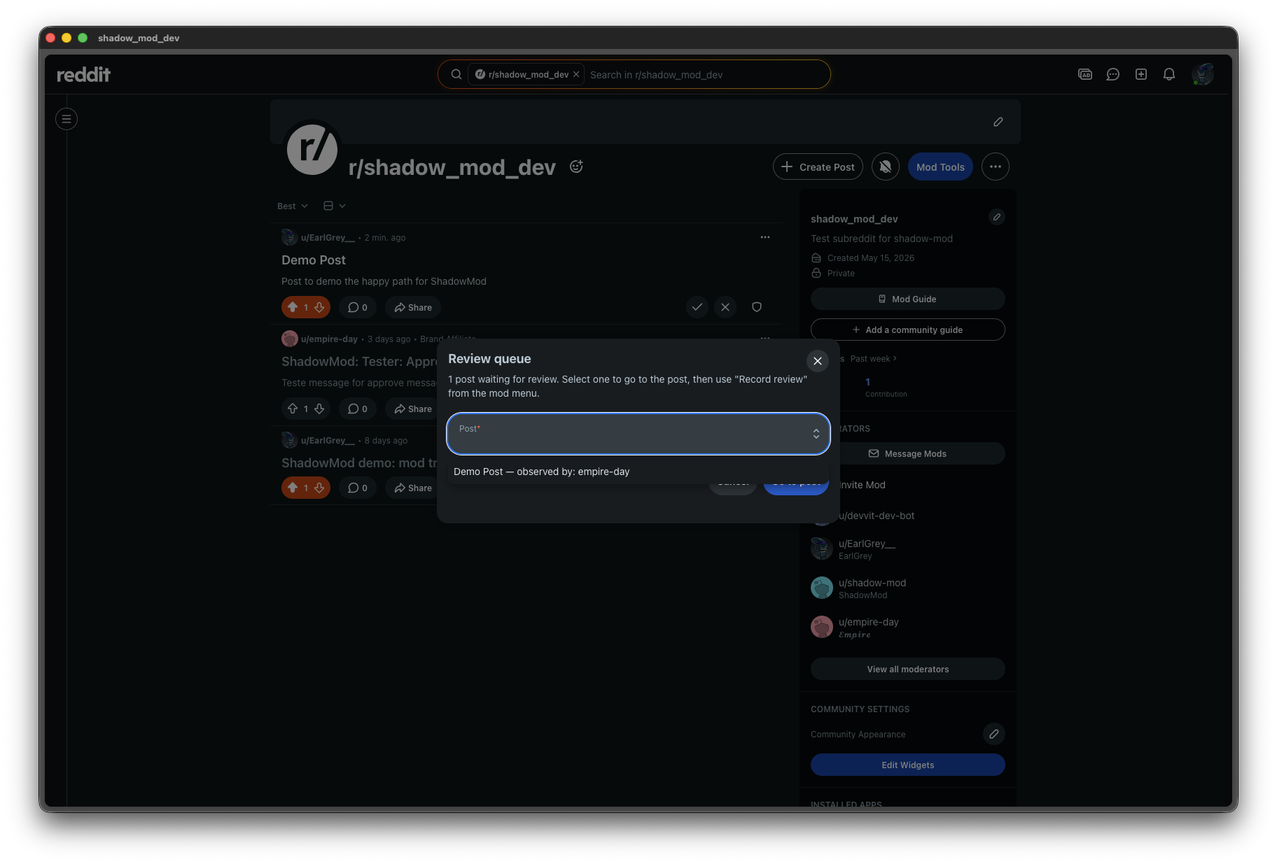 Review queue modal listing Demo Post observed by empire-day