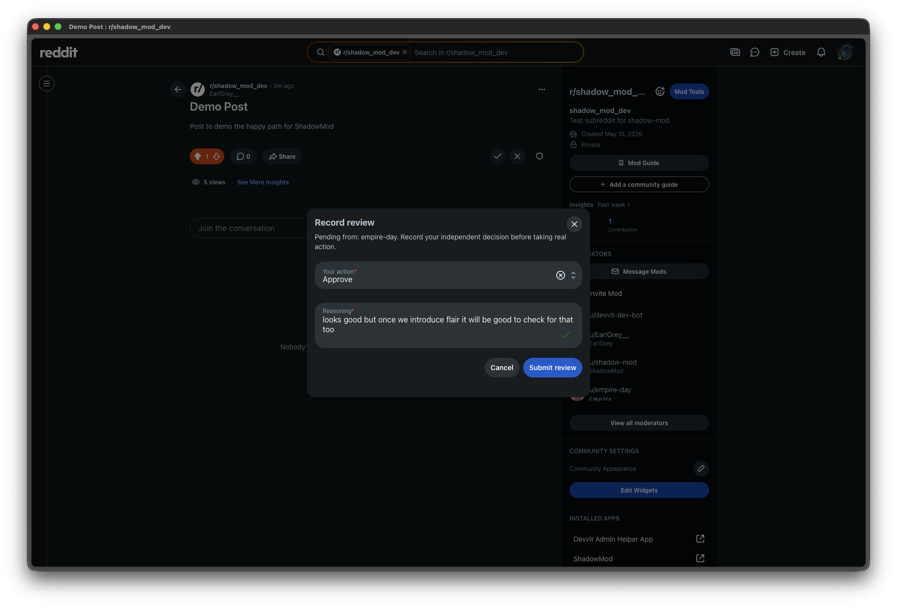 Record review modal showing action and reasoning fields