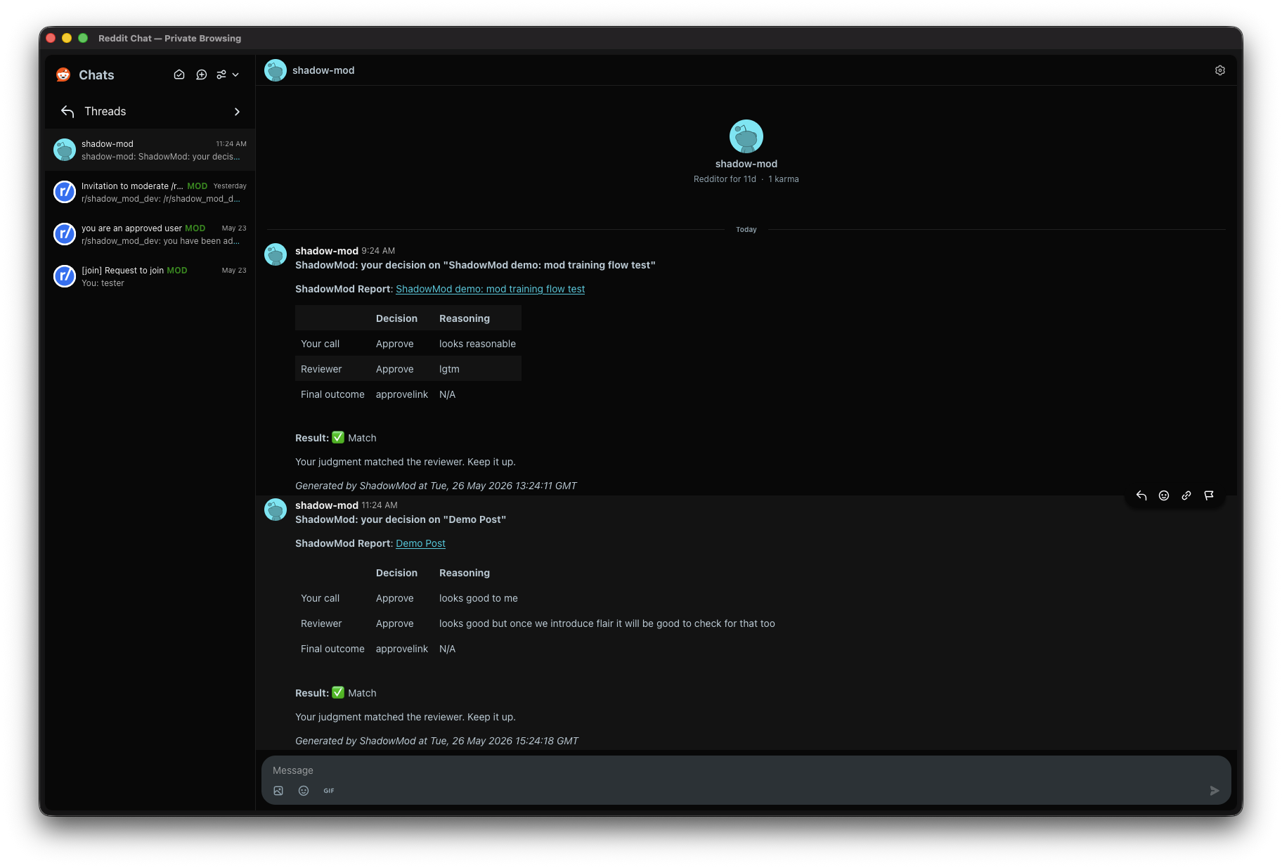 Modmail showing comparison reports with Observer / Reviewer / Outcome table and match result