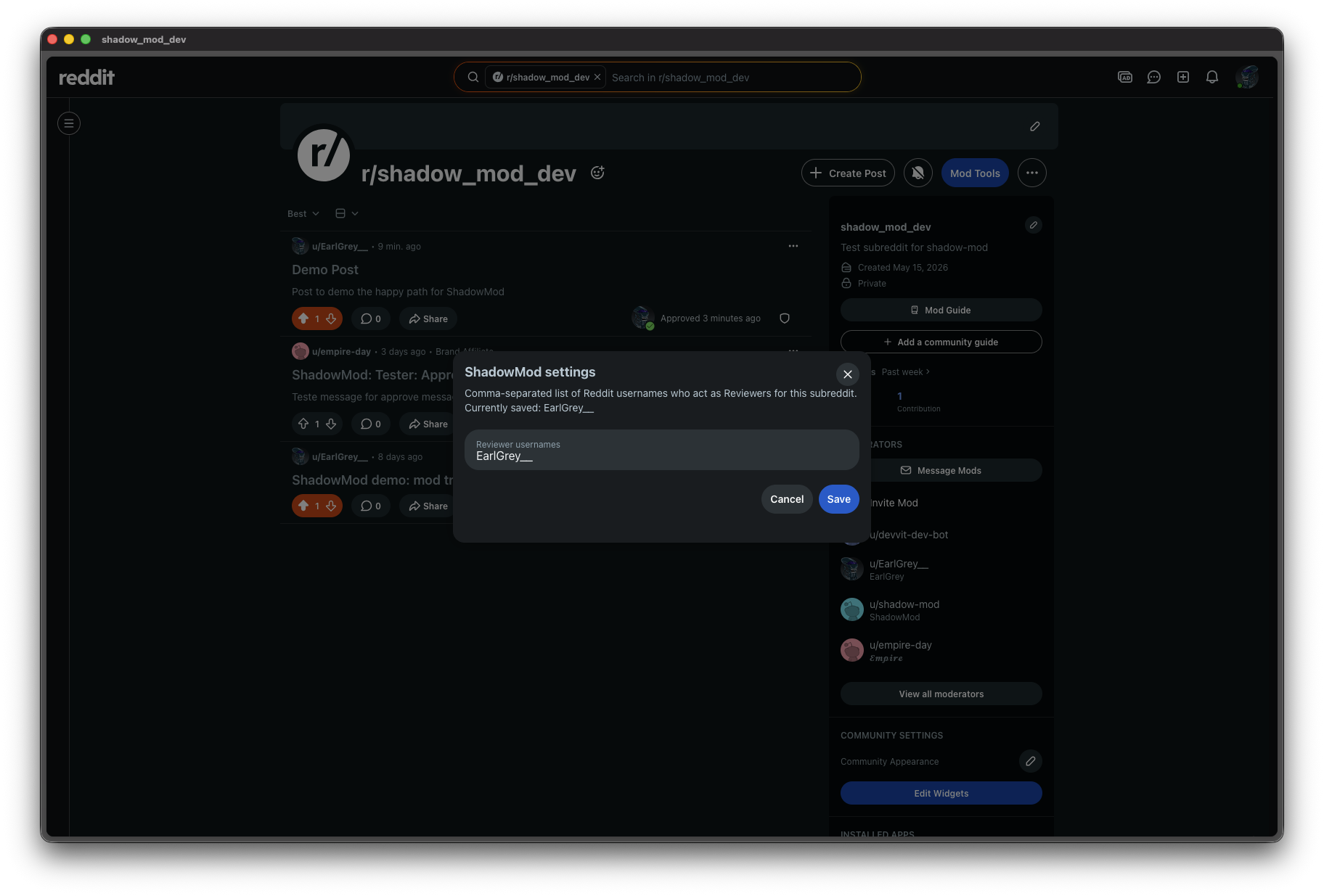 ShadowMod settings modal showing Reviewer configuration