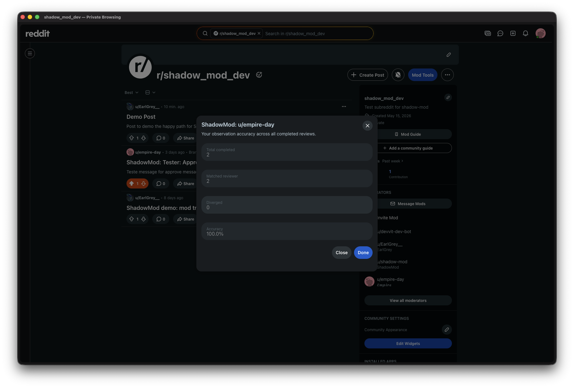 ShadowMod stats modal for u/empire-day showing 100.0% accuracy
